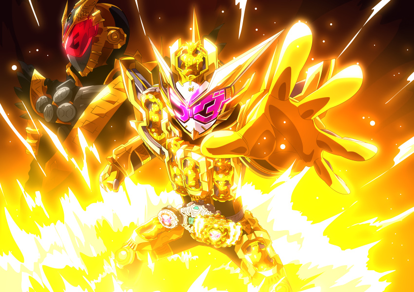2018, 2019, 2boys, absurdres, alternate_costume, arm_up, armor, aura