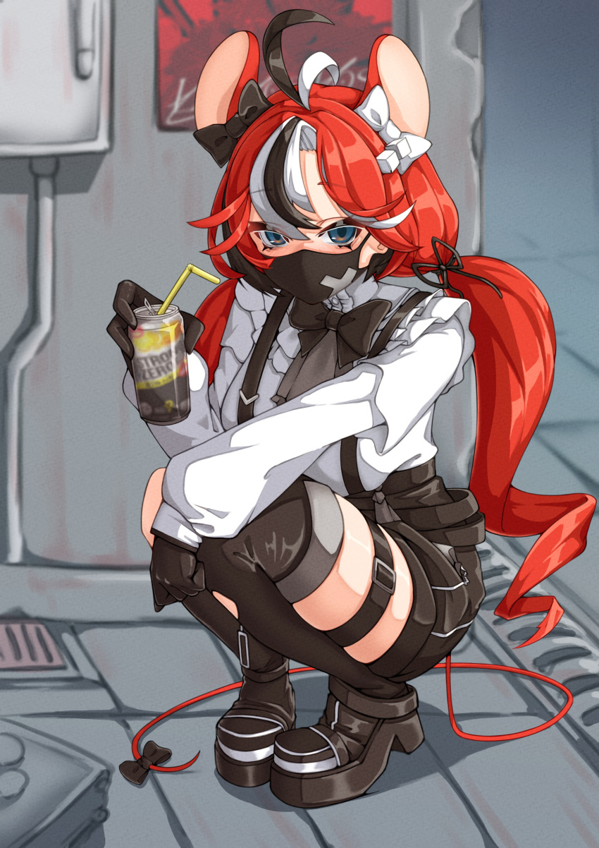 1girl, absurdres, ahoge, animal_ears, black_gloves, black_shorts, black_thighhighs, blue_eyes