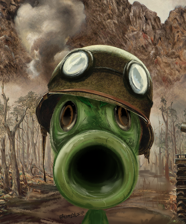 aviator_cap, bare_tree, beezyloove, black_eyes, caterpillar_tracks, commentary, english_commentary, foreshortening, goggles, goggles_on_headwear, looking_at_viewer, no_humans, outdoors, peashooter_(plants_vs_zombies), plants_vs_zombies, smoke, solo, the_two-thousand_yard_stare, thousand_yard_stare, tree