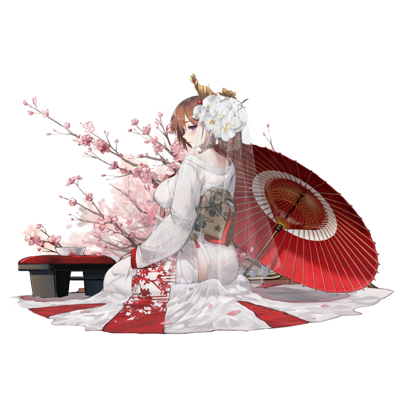 1girl, artist_request, aya_kujyou_(final_gear), bowl, branch, brown_choker, chair, cherry_blossoms