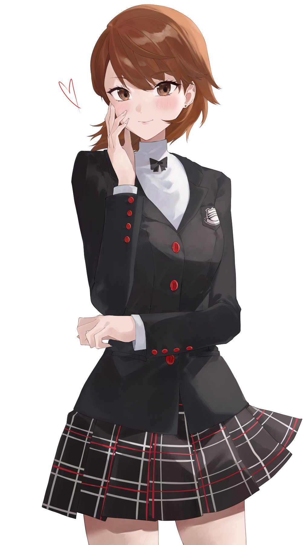 1girl, black_jacket, blush, brown_eyes, brown_hair, buttons, checkered_clothes, checkered_skirt