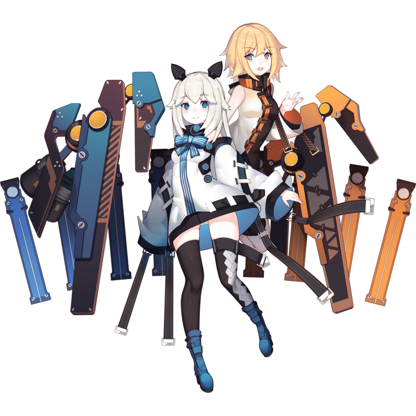 2girls, animal_ears, arm_belt, artist_request, asymmetrical_legwear, bare_shoulders, belt, belt_buckle
