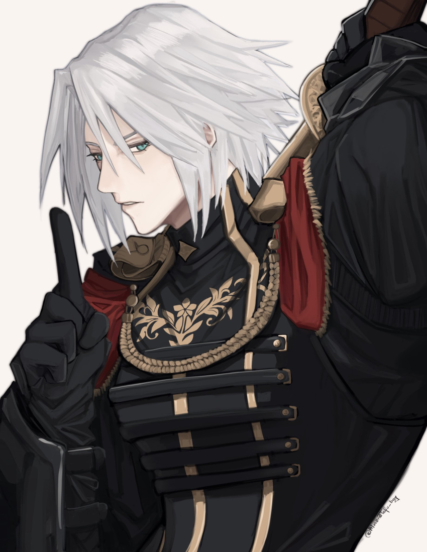 1boy, aged_down, almondtofu_boy, arm_up, black_gloves, black_jacket, commentary, english_commentary, epaulettes, final_fantasy, final_fantasy_vii, final_fantasy_vii_ever_crisis, finger_to_mouth, floral_print, gloves, green_eyes, grey_background, grey_hair, highres, holding, holding_sword, holding_weapon, jacket, looking_to_the_side, male_focus, military_uniform, parted_lips, sephiroth, sephiroth_(shinra_formal_uniform), short_hair, simple_background, slit_pupils, solo, sword, sword_on_back, twitter_username, uniform, upper_body, weapon, weapon_on_back