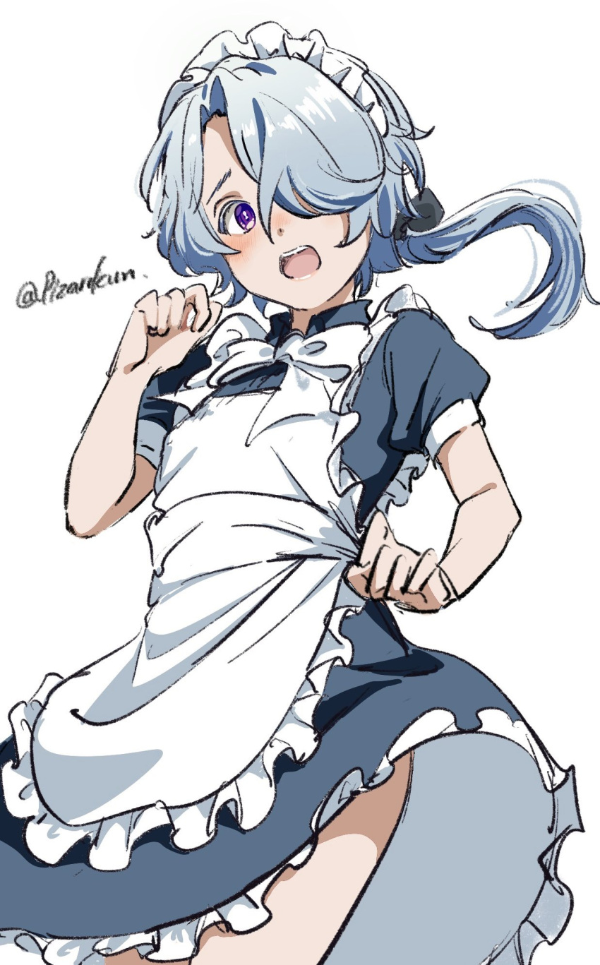 1boy, apron, black_bow, blue_hair, blush, bow, colored_eyelashes, embarrassed