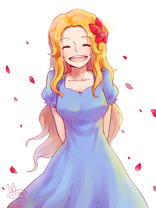 1girl, ^_^, arms_behind_back, blonde_hair, blue_dress, closed_eyes, commentary, dress