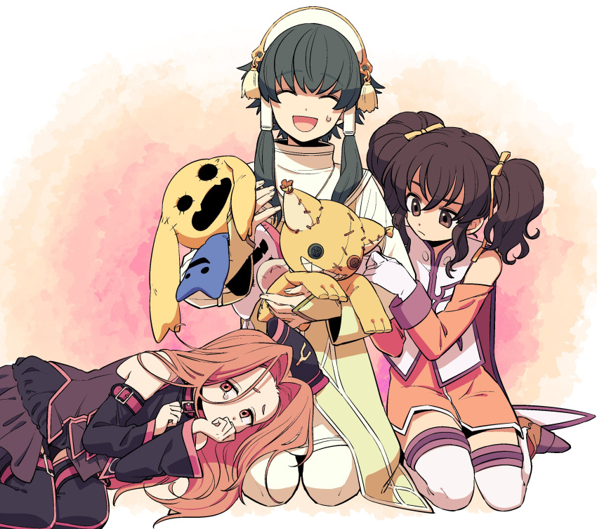 1boy, 2girls, 4lily, :d, ^_^, absurdres, anise_tatlin, arietta_(tales), black_hair, bow, brown_eyes, closed_eyes, closed_mouth, commentary_request, detached_sleeves, doll, gloves, hair_bow, hairband, highres, ion_(tales), long_hair, multiple_girls, multiple_hair_bows, open_mouth, pink_eyes, pink_hair, raised_eyebrow, sitting, smile, sweat, tales_of_(series), tales_of_the_abyss, tearing_up, tokunaga_(tales), twintails, white_gloves, white_hairband, yellow_bow