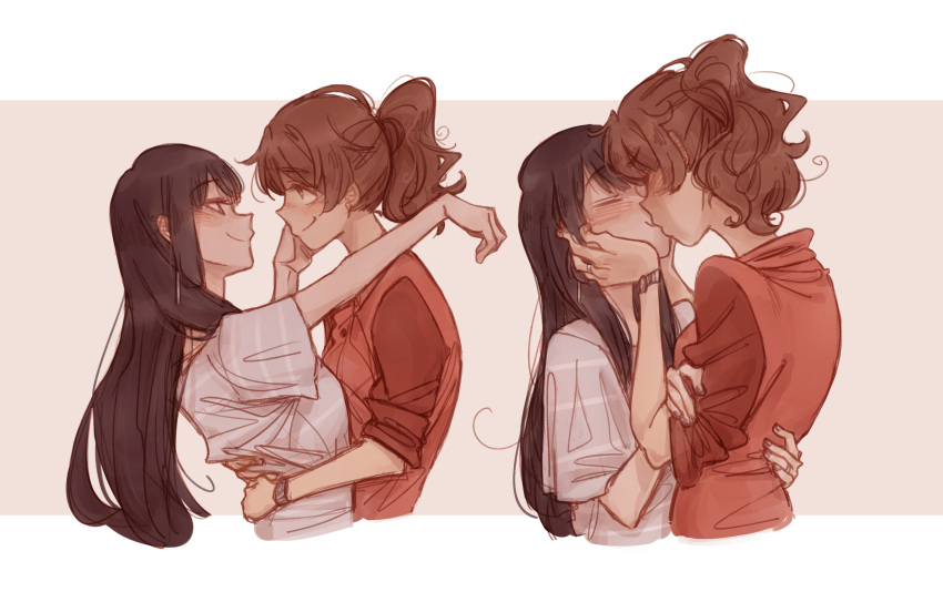 2girls, black_hair, blush, brown_hair, cropped_torso, eye_contact, grey_shirt, gutalalaman