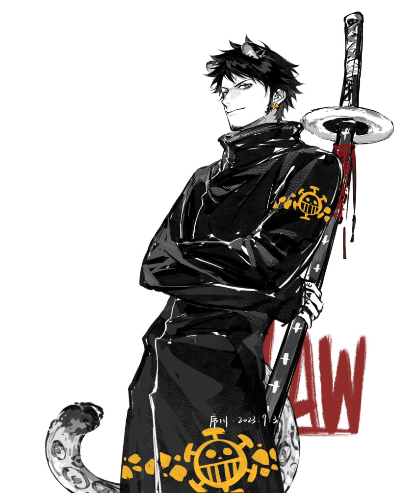 1boy, animal_ears, black_hair, character_name, closed_mouth, commentary_request, dated, earrings