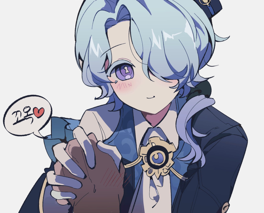 2boys, asymmetrical_sleeves, black_bow, black_coat, black_hat, blue_hair, blue_vest, blush
