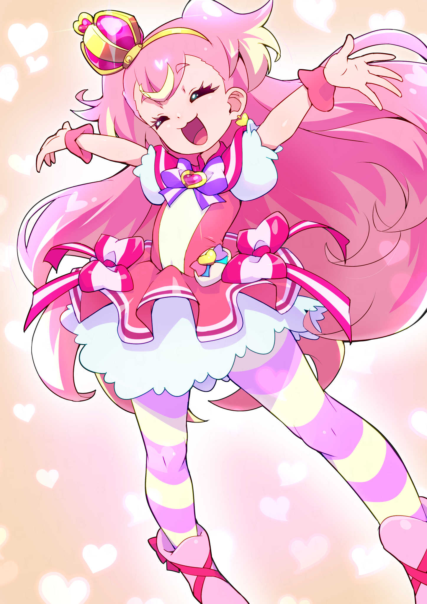 1girl, arched_crown, arms_up, blonde_hair, blush, bow, brooch, closed_eyes