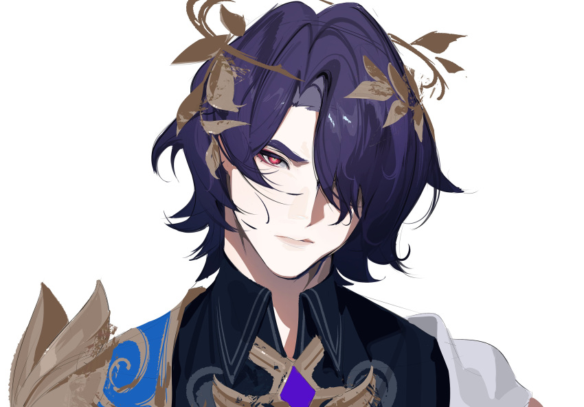 1boy, absurdres, black_shirt, blue_hair, closed_mouth, collared_shirt, dr._ratio_(honkai:_star_rail), hair_over_one_eye