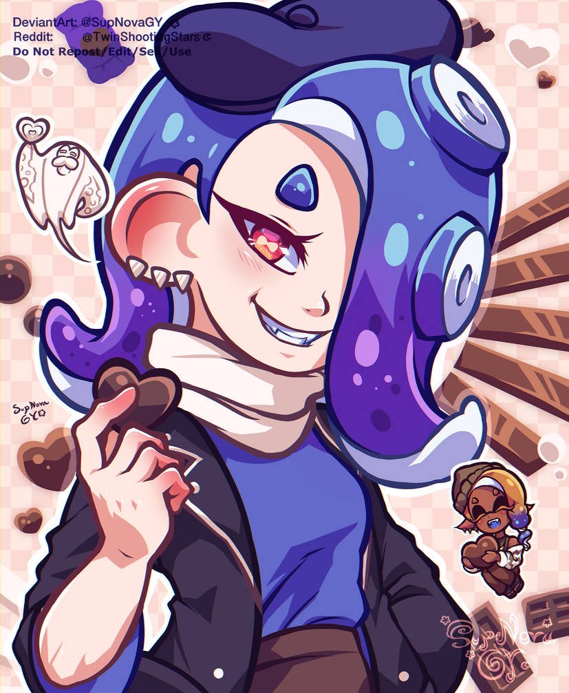 1boy, 2girls, big_man_(splatoon), blue_hat, candy, cephalopod_eyes, chocolate, commentary