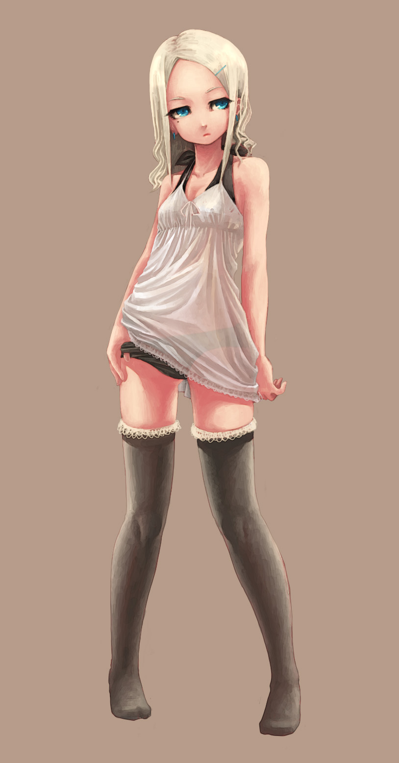 92, black_legwear, black_panties, blonde_hair, blue_eyes, chemise, earrings, hair_ornament, hairclip, highres, jewelry, mole, original, panties, see-through, simple_background, solo, standing, thigh-highs, thighhighs, underwear