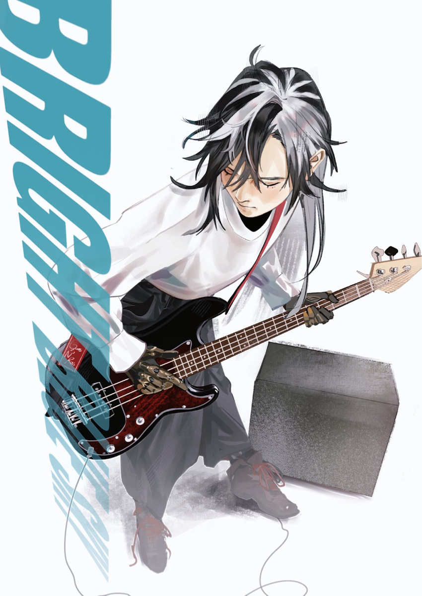 1boy, alternate_costume, black_hair, boothill_(honkai:_star_rail), closed_eyes, closed_mouth, electric_guitar, emmmmabab, guitar, highres, holding, holding_guitar, holding_instrument, honkai:_star_rail, honkai_(series), instrument, long_hair, male_focus, multicolored_hair, solo, split-color_hair, two-tone_hair, white_background, white_hair