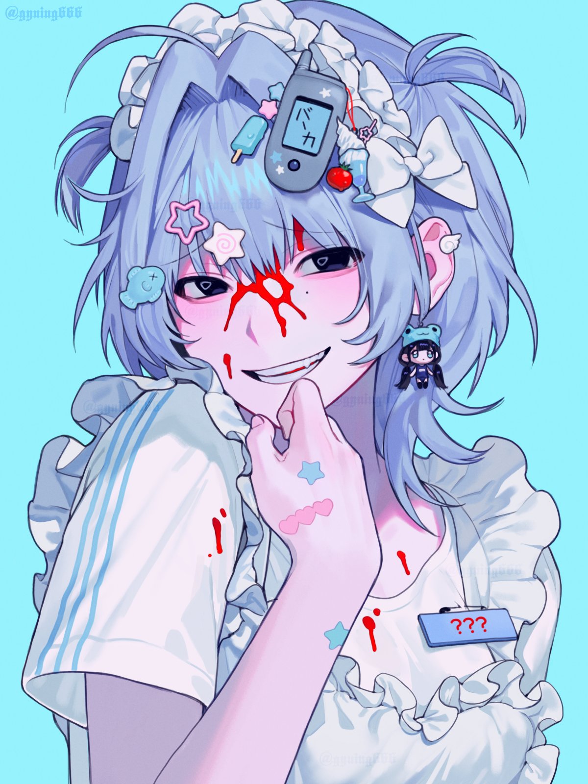1girl, aegyo_sal, ahoge, apron, black_eyes, blood, blood_on_clothes, blood_on_face