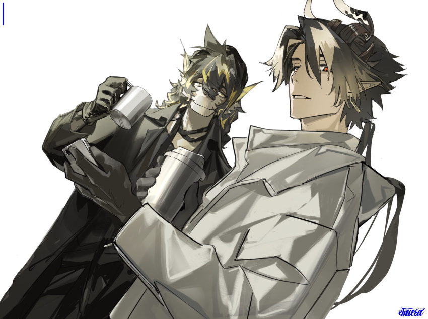 2boys, arknights, artist_name, black_hair, blonde_hair, brown_hair, chong_yue_(arknights), closed_mouth
