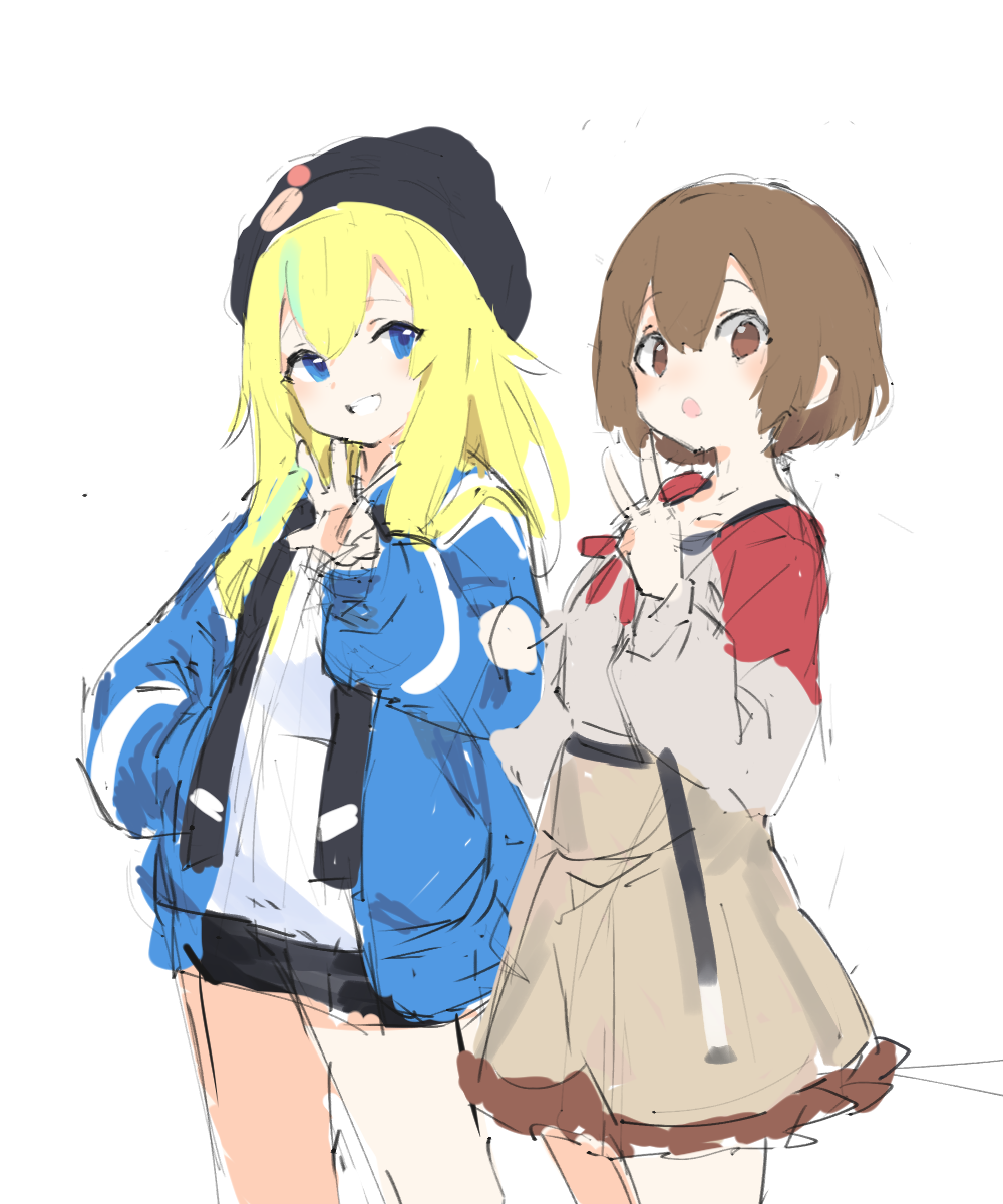 2girls, black_beanie, black_skirt, blonde_hair, blue_eyes, brown_eyes, brown_hair, brown_skirt