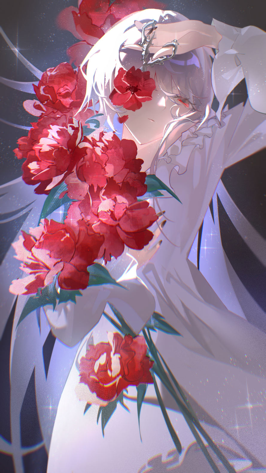 1girl, alternate_costume, black_nails, chinese_commentary, commentary_request, coquelic_(path_to_nowhere), cowboy_shot, dress, flower, flower_in_eye, frilled_dress, frills, highres, holding, holding_flower, holding_scissors, leaf, light_particles, long_hair, one_eye_covered, path_to_nowhere, red_eyes, red_flower, renzao_chunyang, scissors, solo, symbol_in_eye, very_long_hair, white_dress, white_hair