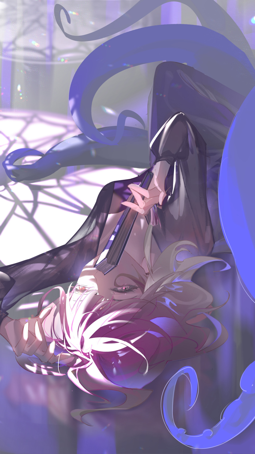1girl, absurdres, alternate_costume, black_dress, chinese_commentary, commentary_request, dress, folded_fan, folding_fan, gradient_hair, grey_eyes, hand_fan, heterochromia, highres, holding, holding_fan, lens_flare, looking_at_viewer, looking_up, lying, multicolored_hair, on_back, path_to_nowhere, purple_hair, red_eyes, renzao_chunyang, see-through, see-through_dress, shalom_(path_to_nowhere), solo, tassel, tendril, white_hair