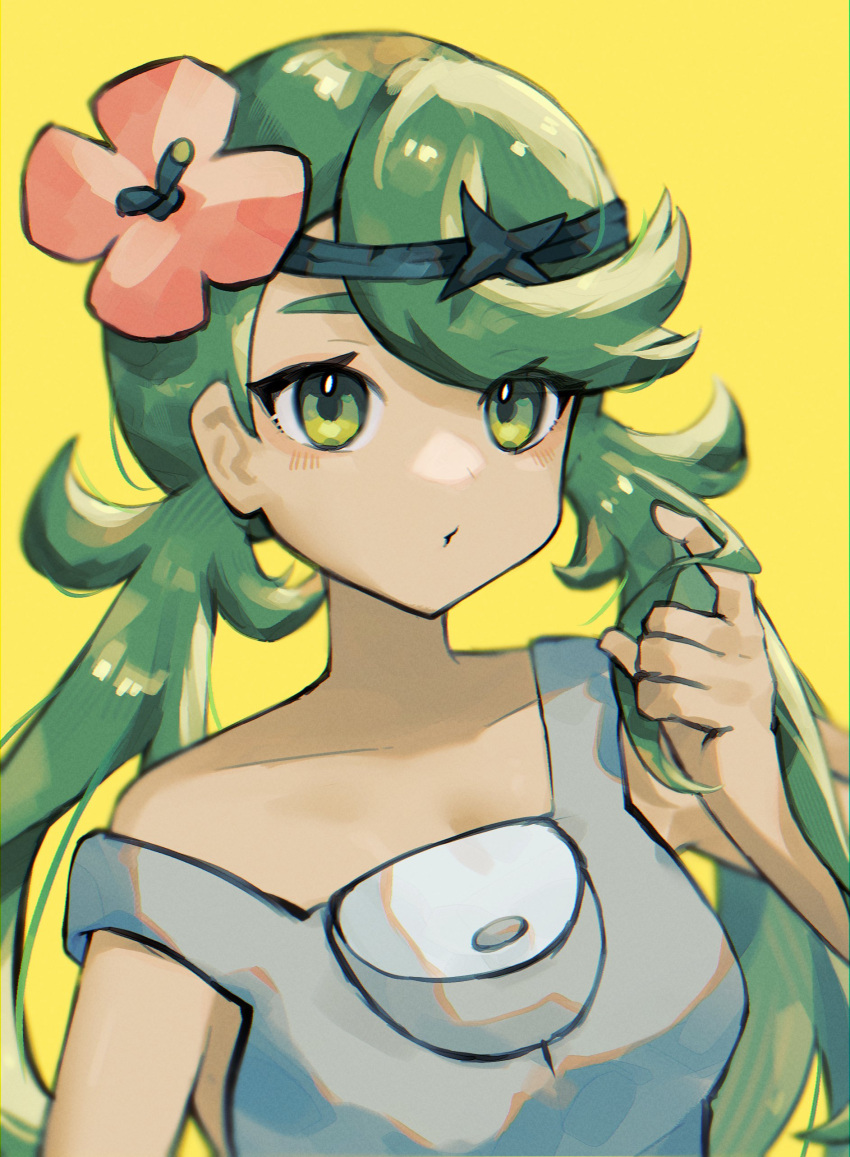 1girl, absurdres, asatte_3z, breasts, collarbone, flower, green_eyes, green_hair, hand_up, headband, highres, long_hair, mallow_(pokemon), medium_breasts, pink_flower, pokemon, pokemon_sm, pout, simple_background, solo, strap_slip, swept_bangs, twintails, twirling_hair, upper_body, yellow_background
