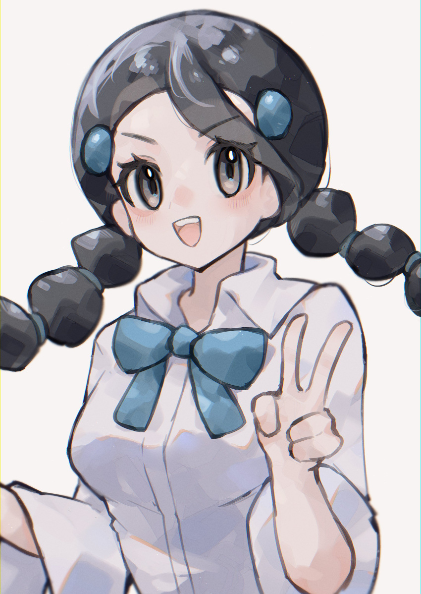 1girl, :d, absurdres, asatte_3z, black_hair, blue_bow, blue_bowtie, bow