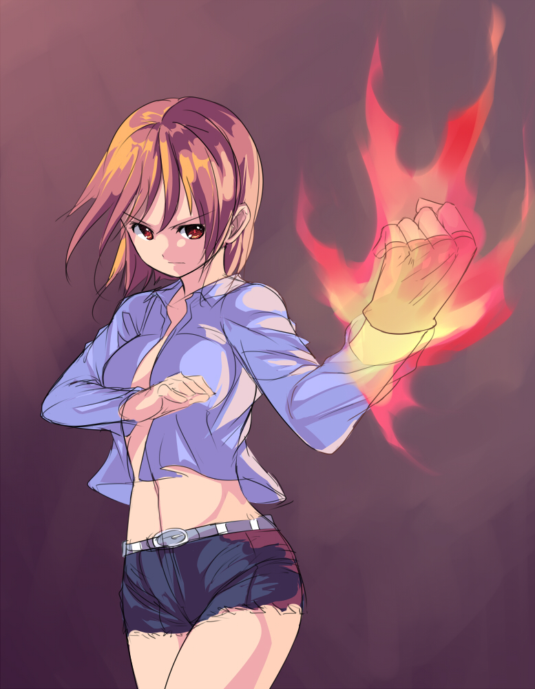 brown_eyes, brown_hair, burning_hand, denim, denim_shorts, fighting_stance, fingerless_gloves, fire