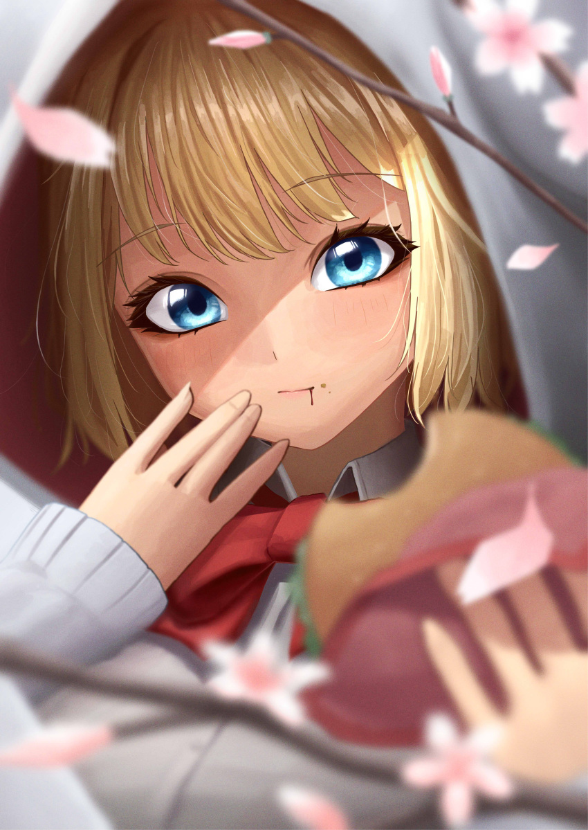 1girl, absurdres, blonde_hair, blue_eyes, blurry, blurry_foreground, bow, bowtie