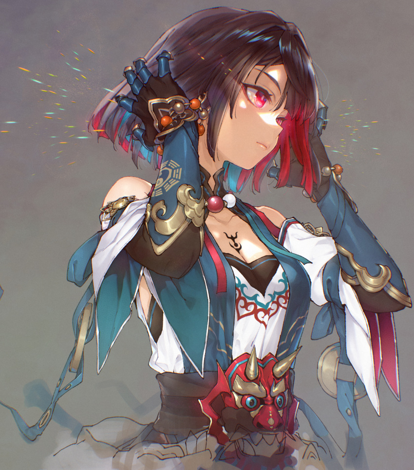 1girl, blue_hair, bob_cut, breasts, brown_hair, chest_tattoo, colored_inner_hair, elbow_gloves