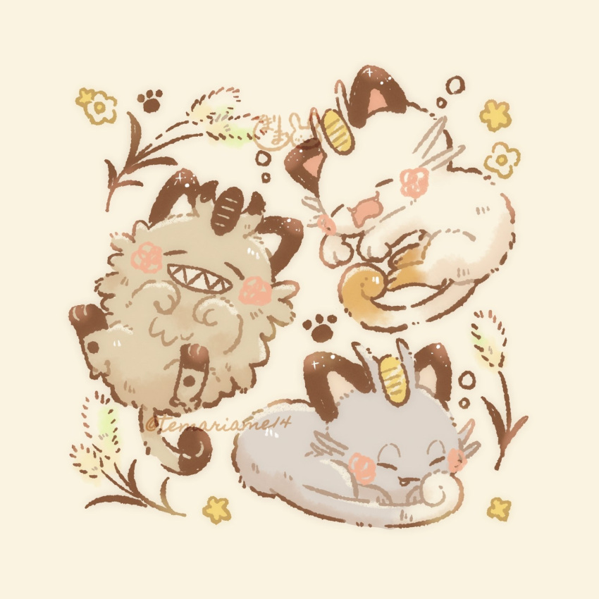 alolan_meowth, blush_stickers, cat, closed_eyes, coin, curled_tail, fang, fang_out