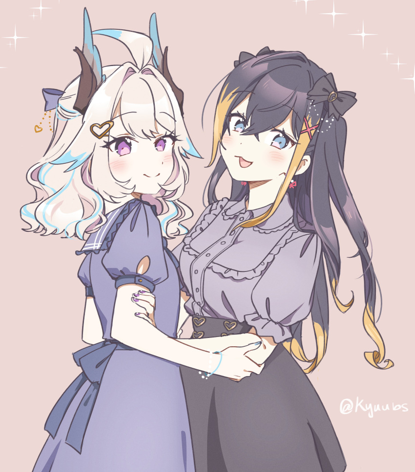 2girls, absurdres, ahoge, black_hair, blonde_hair, blue_eyes, blush, bracelet