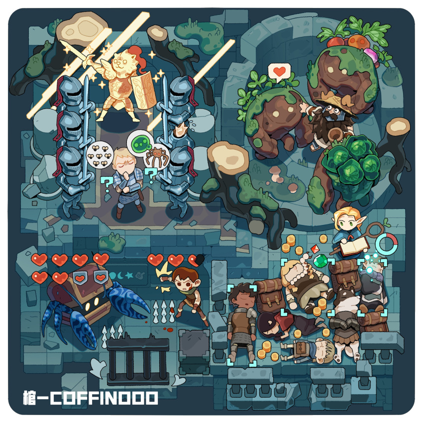 3girls, 6+boys, ?, absurdres, ambrosia_(dungeon_meshi), armor, artist_name, backpack, bag, border, broken_wall, cabbage, chilchuck_tims, closed_eyes, coffinooo, coin, commentary, crack, cracked_floor, dia_(dungeon_meshi), dilapidated, dungeon_meshi, english_commentary, from_above, gameplay_mechanics, golem, heart, highres, holding, holding_sword, holding_weapon, holm_kranom, indoors, isometric, kabru, kuro_(dungeon_meshi), laios_touden, living_armor_(dungeon_meshi), lying, marcille_donato, mickbell_tomas, mimic, mimic_chest, monster, moss, multiple_boys, multiple_girls, on_back, pincers, railing, rin_(dungeon_meshi), rounded_corners, scenery, senshi_(dungeon_meshi), sleeping, sparkle, spikes, spoken_heart, standing, stone_wall, sword, tree_stump, unworn_backpack, unworn_bag, weapon, white_border, wide_shot
