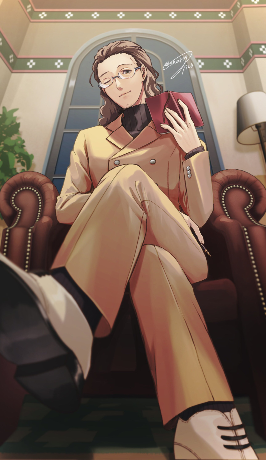 1boy, absurdres, anarogiizu, black_sweater, book, brown_hair, brown_jacket, brown_pants
