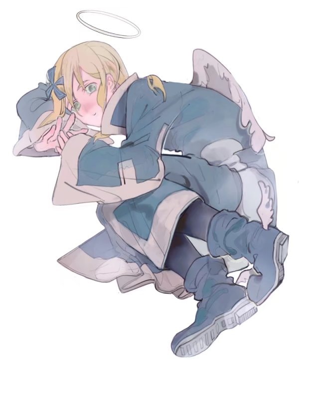 1girl, angel, angel_wings, blonde_hair, blue_footwear, chelan_(funamusea), funamusea, haiiro_teien