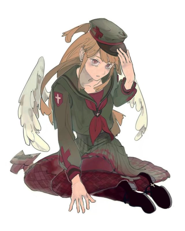 1girl, angel, angel_wings, brown_hair, funamusea, haiiro_teien, hat, long_hair