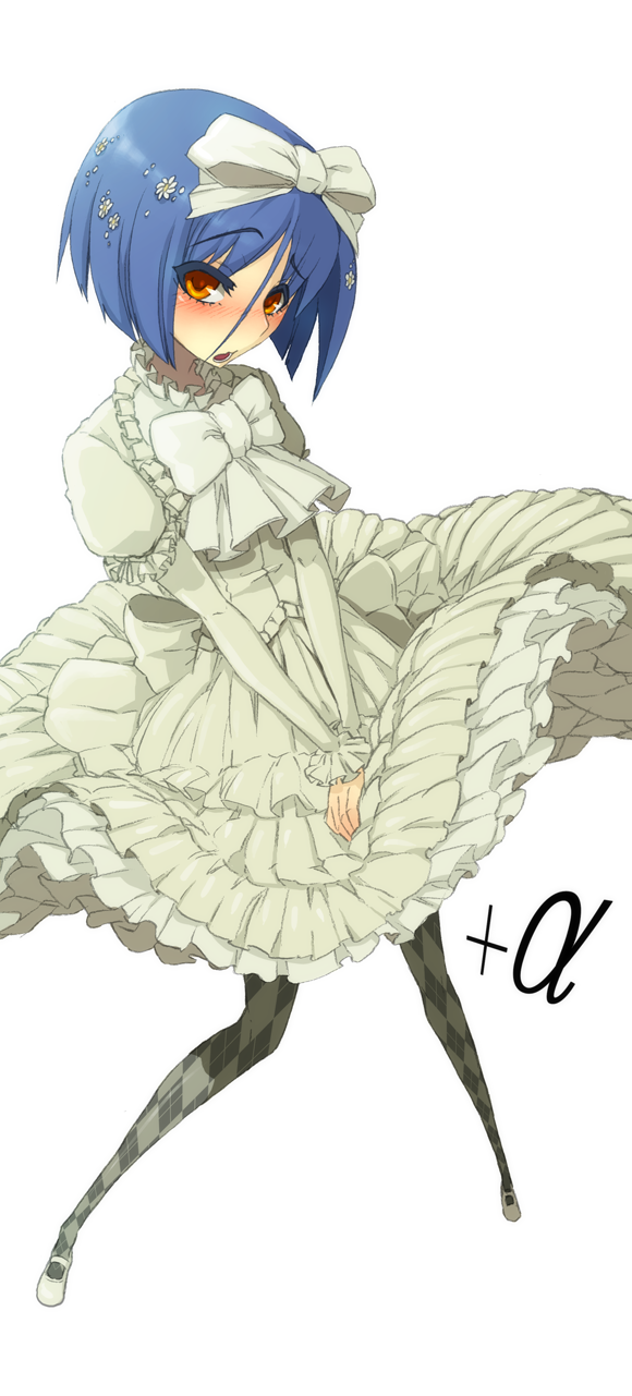 blue_hair, cosplay, dougan_calpis_con, dress, foreshortening, frills, highres, nitroplus