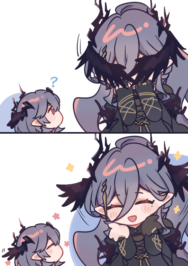 1boy, 1girl, arknights, black_dress, blush, child, dress, grey_hair, kunogawa, logos'_mother_(arknights), logos_(arknights), long_hair, looking_at_another, mother_and_son, pointy_ears