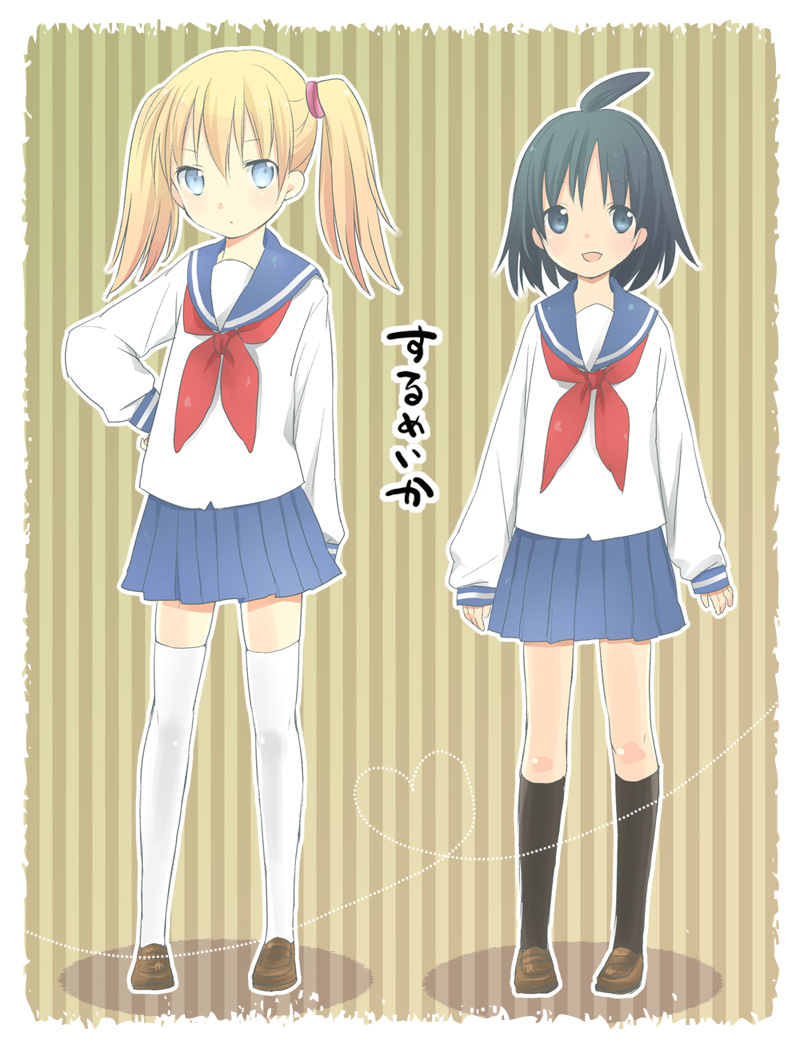 black_hair, blonde_hair, blue_eyes, hand_on_hip, heart, misato_(moimoi), multiple_girls, school_uniform, serafuku, skirt, surumeika, thigh-highs, thighhighs, translation_request, twintails, ugumori_sachi, watanabe_miki