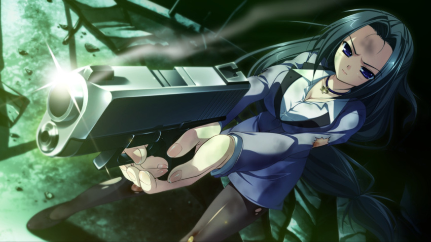 1girl, black_hair, blue_eyes, breasts, game_cg, gun, highres, holding, holding_gun, holding_weapon, jewelry, large_breasts, long_hair, necklace, non-web_source, official_art, pantyhose, root_double_-before_crime_after_days-, shirt, shoes, torn_clothes, torn_pantyhose, torn_shirt, tsubakiyama_ena, weapon