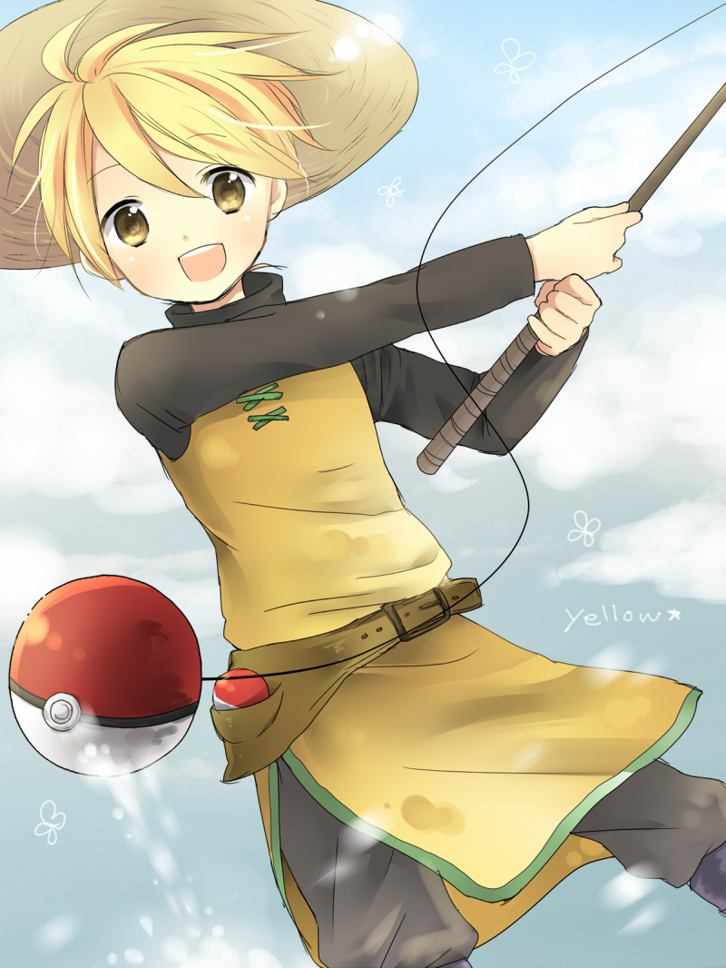 1girl, blonde_hair, fishing, fishing_rod, hat, holding, holding_fishing_rod, misato_(moimoi), poke_ball, pokemon, pokemon_special, smile, solo, waist_poke_ball, yellow_(pokemon), yellow_eyes