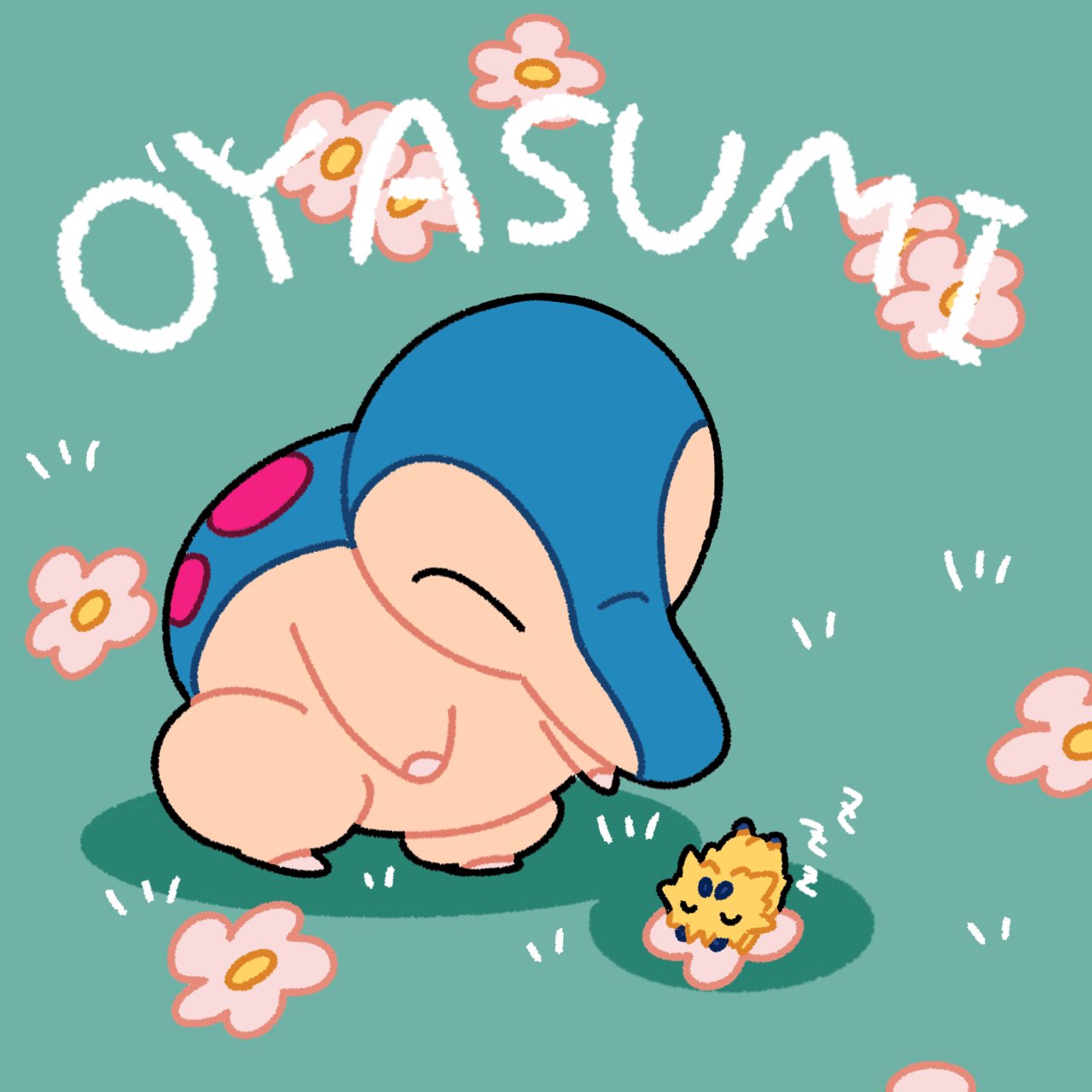 blue_fur, bug, chibi, closed_eyes, cyndaquil, fang, flower, grass