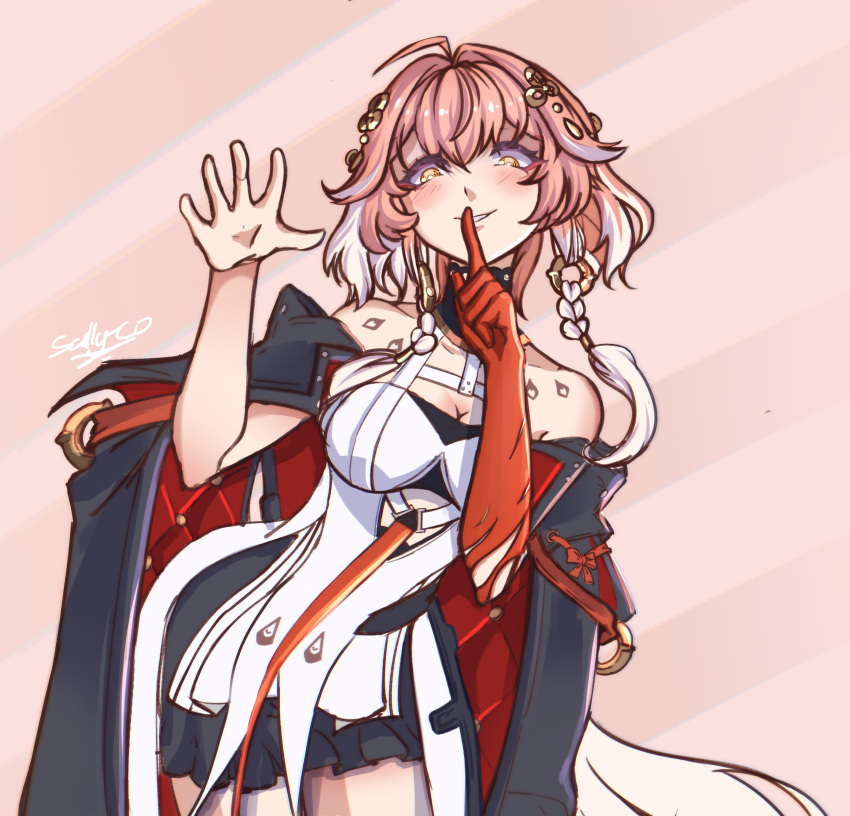 1girl, absurdres, ahoge, belt, black_coat, changli_(wuthering_waves), coat, dress, hair_ornament, hand_up, highres, looking_at_viewer, looking_down, multicolored_hair, open_hand, orange_hair, sally-co, simple_background, smirk, solo, thighs, two-tone_hair, white_dress, wuthering_waves, yellow_eyes