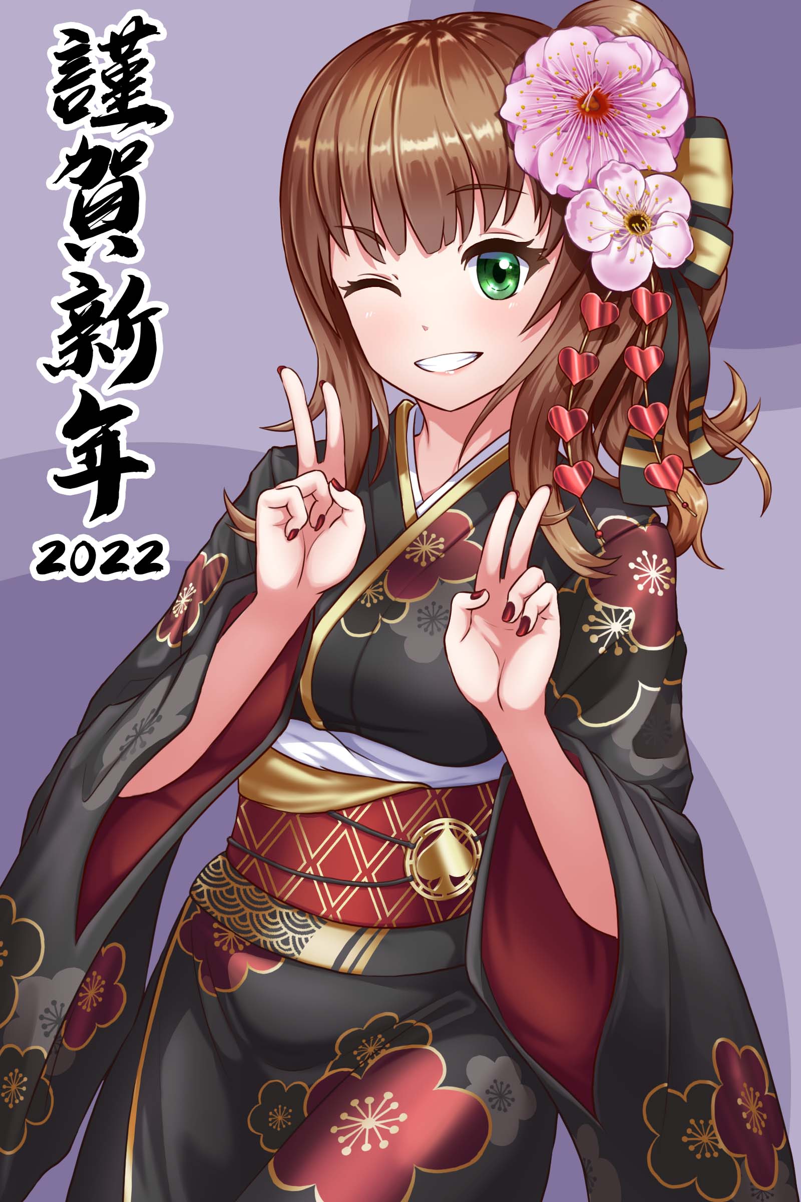 1girl, 2022, absurdres, black_kimono, breasts, brown_hair, commentary_request, double_v, floral_print, flower, green_eyes, grin, hair_flower, hair_ornament, highres, japanese_clothes, kimono, long_hair, long_sleeves, looking_at_viewer, nail_polish, obi, one_eye_closed, original, pink_flower, print_kimono, purple_background, red_nails, sash, sean_(ypc912), side_ponytail, small_breasts, smile, solo, translation_request, two-tone_background, v, wide_sleeves