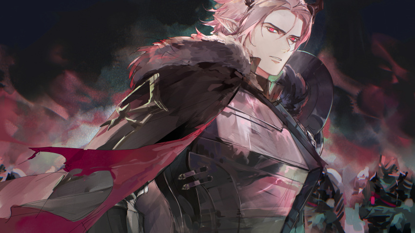 1boy, 1other, abstract_background, absurdres, arknights, armor, black_background, black_cape