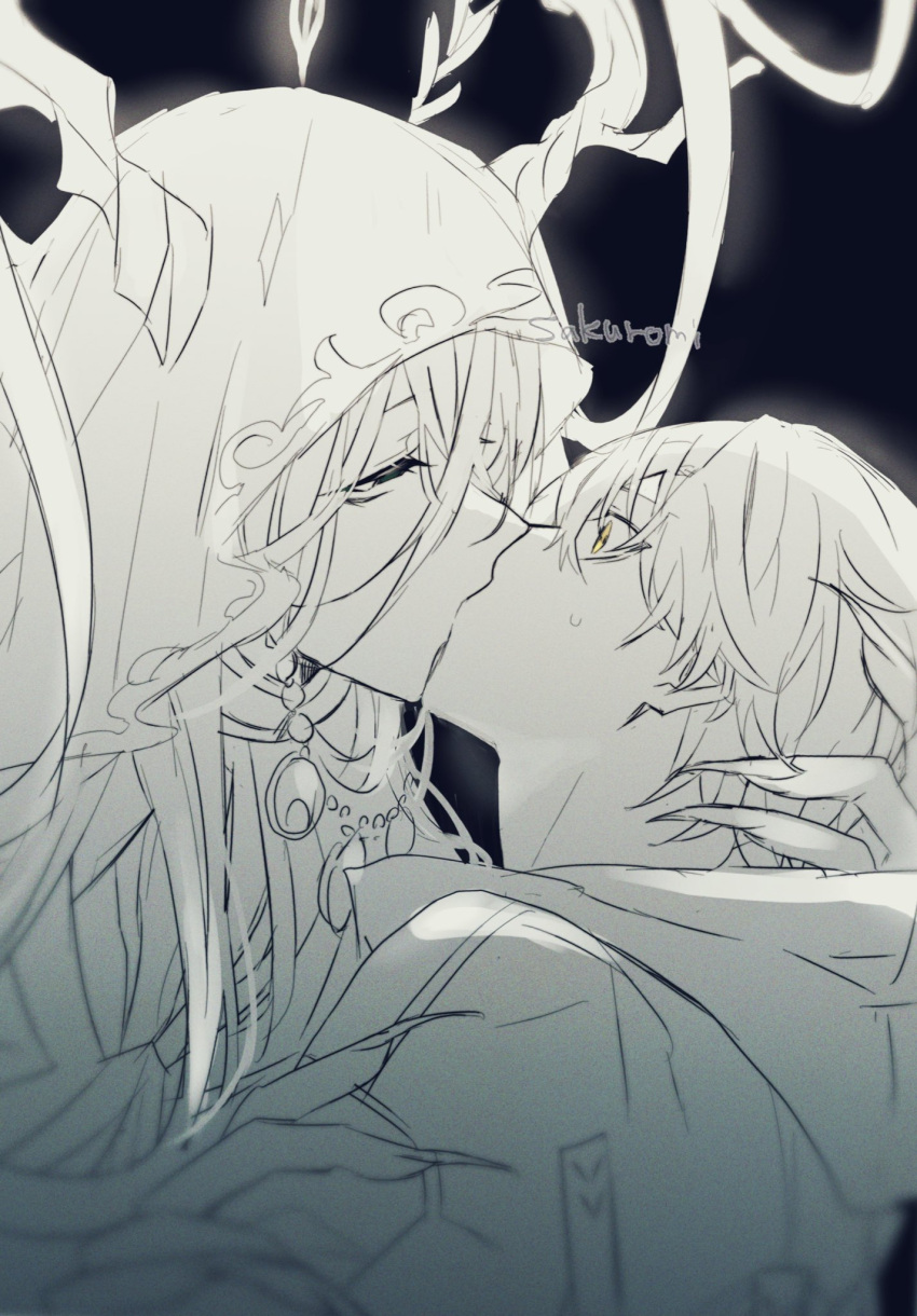 1boy, 1other, antlers, artist_name, black_background, caelus_(honkai:_star_rail), fingernails, greyscale, hand_on_another's_head, highres, honkai:_star_rail, honkai_(series), horns, kiss, looking_at_viewer, monochrome, orrrromi, sharp_fingernails, short_hair, trailblazer_(honkai:_star_rail), veil, yaoshi_(honkai:_star_rail)