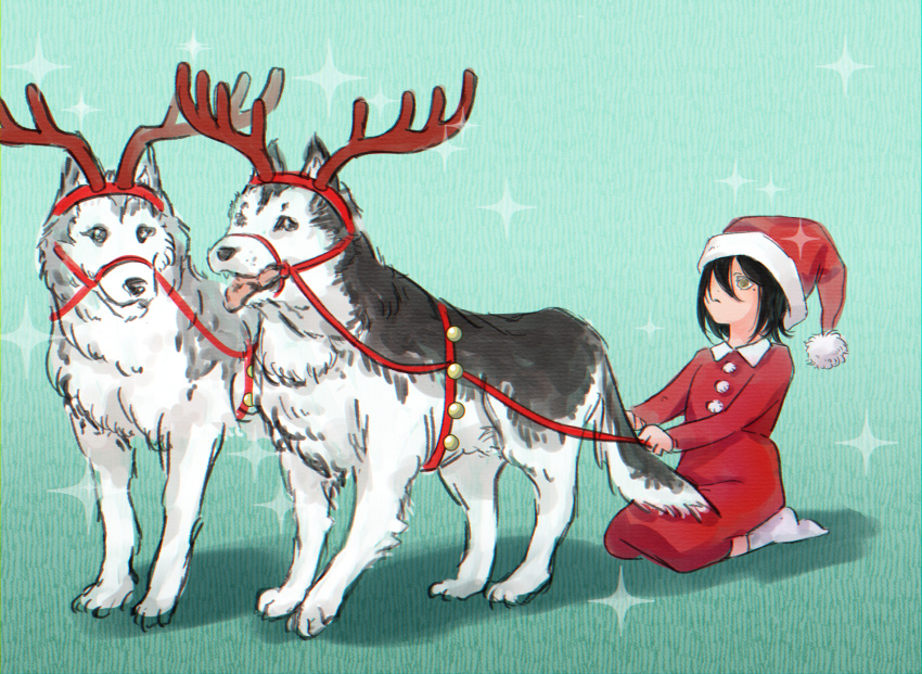 1girl, amachu_a, black_hair, chainsaw_man, commentary_request, dog, dress, english_commentary