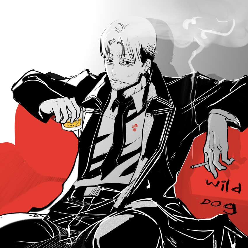 1boy, amachu_a, blood, blood_on_clothes, chainsaw_man, cigarette, coat, commentary_request, couch, cup, earrings, facial_hair, glass, goatee, greyscale, highres, holding, holding_cigarette, holding_cup, jewelry, kishibe_(chainsaw_man), male_focus, mature_female, monochrome, multiple_earrings, necktie, scar, scar_on_cheek, scar_on_face, sitting, smoke, solo, spot_color, suit