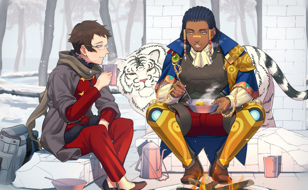 1boy, 1girl, alchemist_(sekaiju), alchemist_2_(sekaiju), armor, ascot, backpack, bag