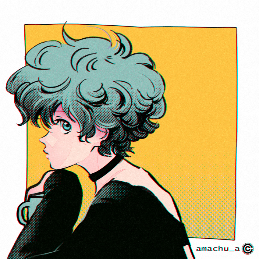1girl, amachu_a, aqua_hair, artist_name, back_cutout, black_choker, black_shirt, blue_eyes