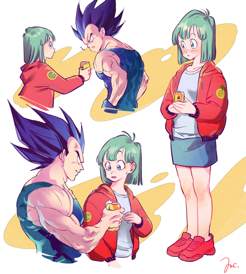 1boy, 1girl, amachu_a, aqua_hair, beer_can, blue_bodysuit, blue_eyes, blue_hair