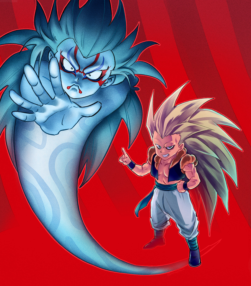 2boys, amachu_a, blonde_hair, commentary_request, dragon_ball, dragon_ball_z, frown, ghost, gotenks, green_eyes, grin, hand_on_own_hip, highres, long_hair, male_focus, metamoran_vest, multiple_boys, muscular, muscular_male, no_eyebrows, pants, pointing, smile, super_ghost_kamikaze_attack, super_saiyan, super_saiyan_3, very_long_hair, white_pants